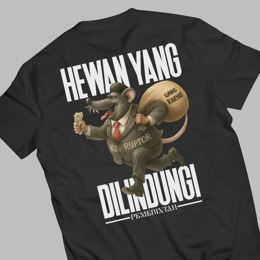 Slogan Nyeleneh. Kaos yang secara satiris mengomentari isu sosial/politik dengan perumpamaan 'hewan yang dilindungi'. Penuh makna tersembunyi.